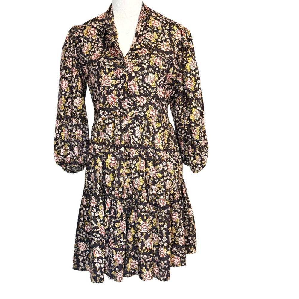 Mille Resort Travel Floral Block Print Tiered Mini Dress Cotton Boho Puff Small